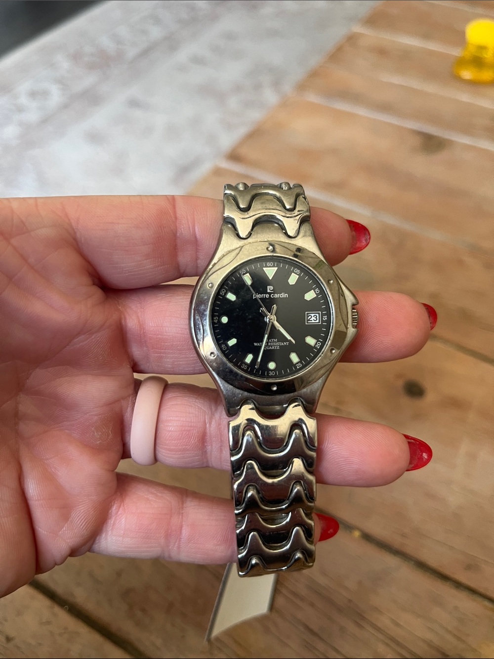 Pierre Cardin Silver-Tone Wave Bracelet Watch with Black Dial